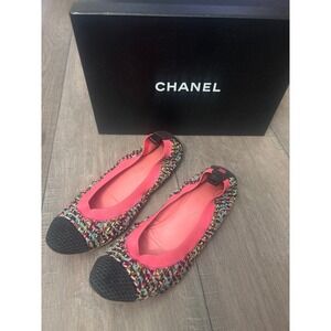 Chanel Multicolor Tweed Cap Toe Ballet Flats Pink Trim CC
